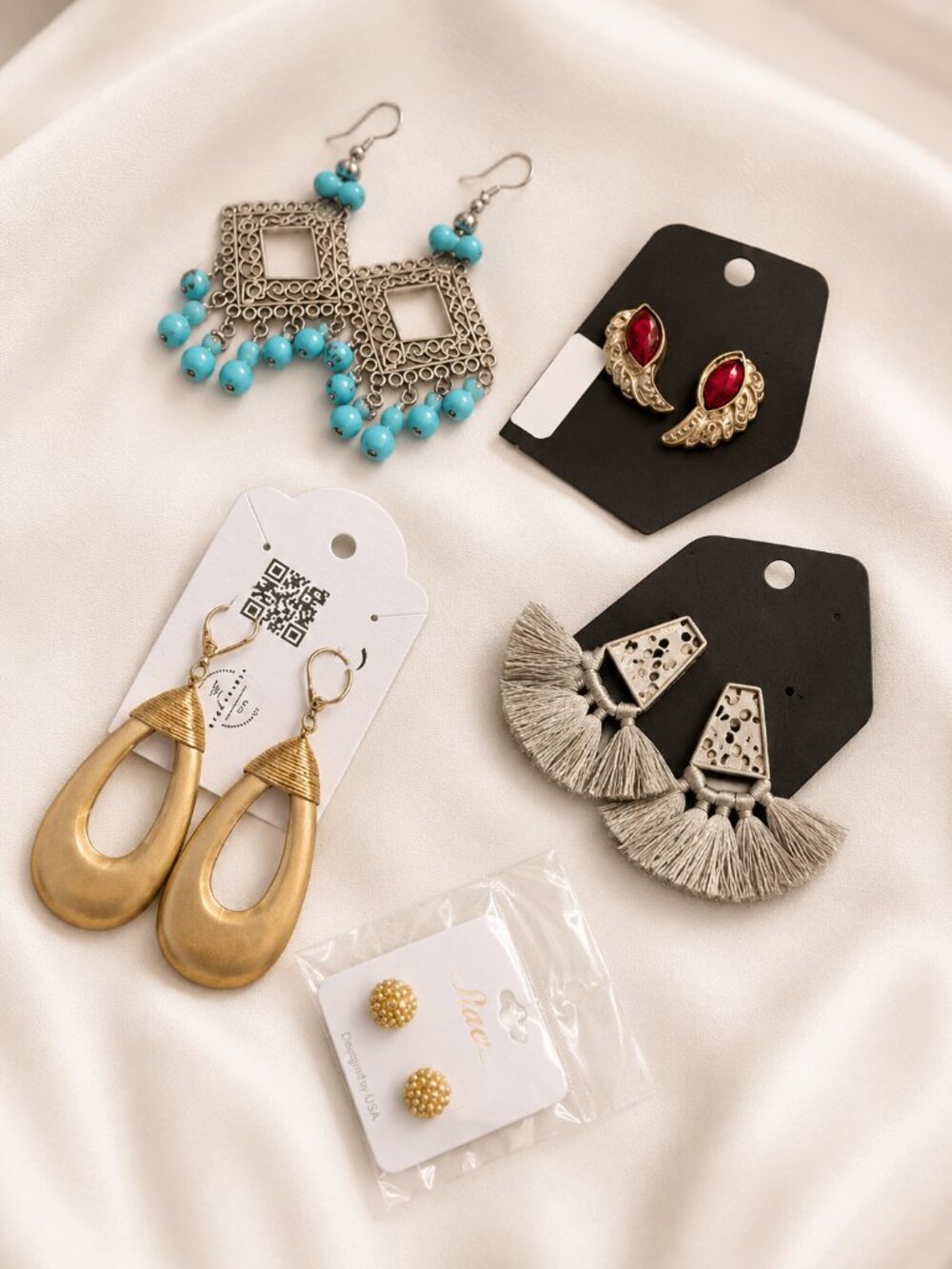 5-Pair Costume Earring Set Turquoise Gold Hoop Tassel Styles - Lot17